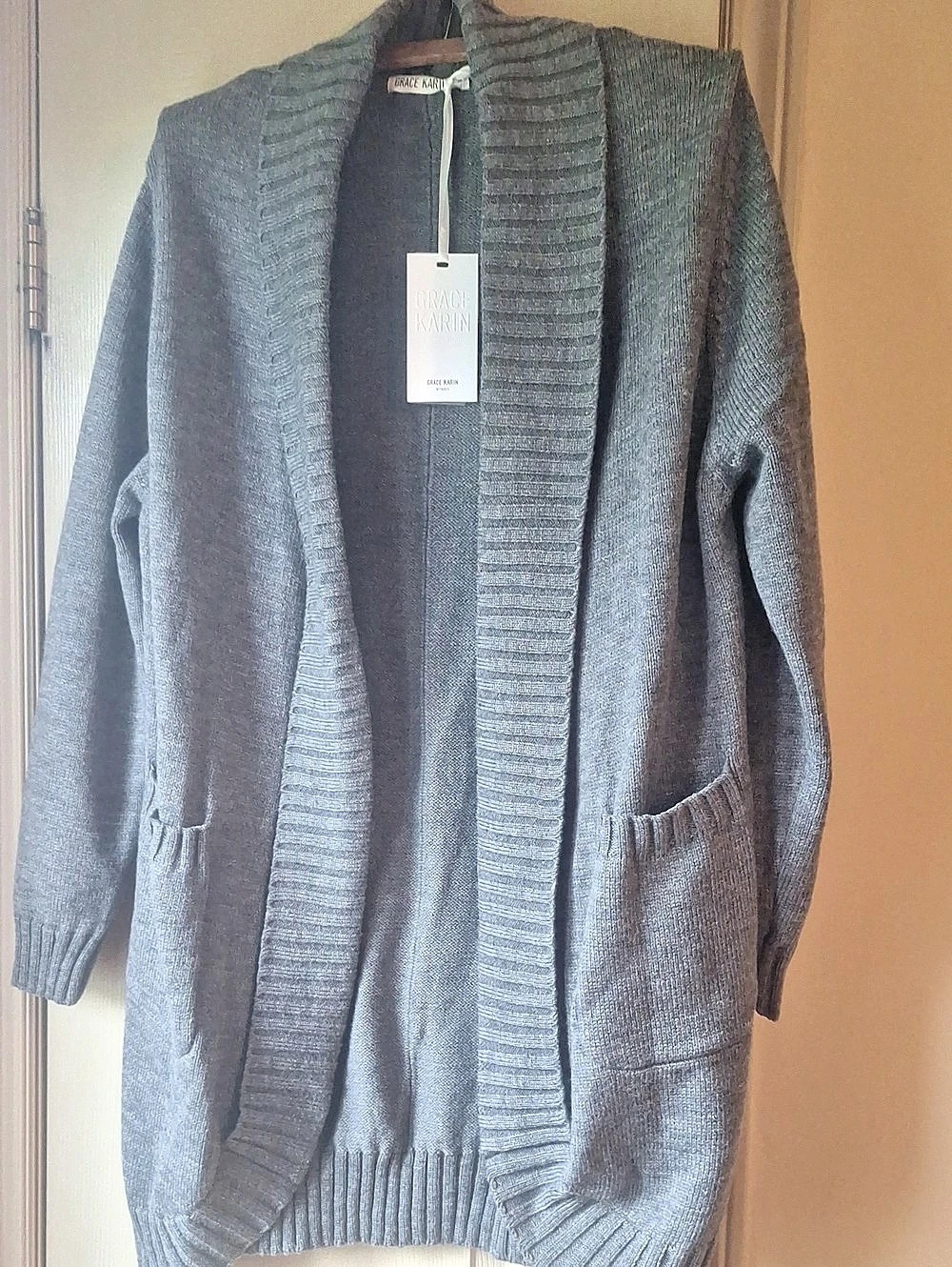 NWT Grace Karin Open Front Long Sleeve Knit Cardigan with Pockets Gray Large